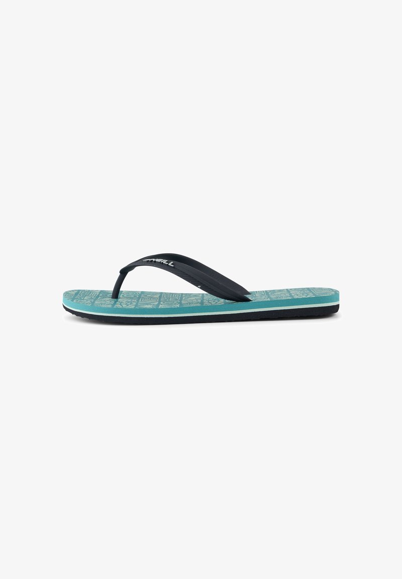 Tongs avec une bride synthétique noire, une semelle intérieure turquoise texturée, et une semelle extérieure en caoutchouc foncé avec une surface à motif.