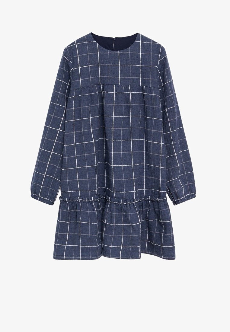 Robe bleu marine à manches longues avec motif à carreaux blancs, col rond, taille froncée et ourlet volanté.