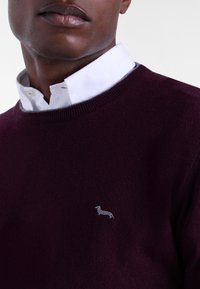 Maglione bordeaux realizzato in tessuto a maglia con scollatura a girocollo a coste. Presenta un piccolo logo di un bassotto grigio sul lato sinistro del petto.