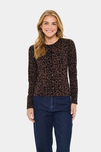 Brown leopard print cardigan with long sleeves, round neckline, and button closure. Paired with dark blue jeans. Soft texture.