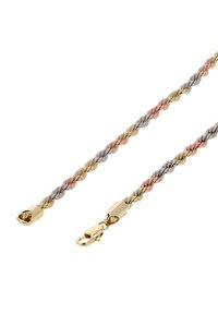Hármas szálú nyaklánc arany, ezüst és rózsaarany csavart fémből. Rögzítőkapcsot tartalmaz a biztos zárás érdekében.