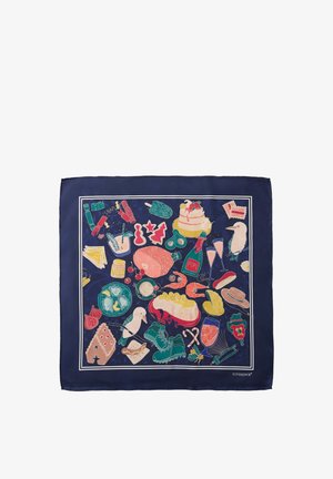Marineblauwe sjaal met kleurrijke illustraties van eten, drinken, vogels, laarzen, zuurstokken en keukenbenodigdheden, gerangschikt in een vierkant patroon.