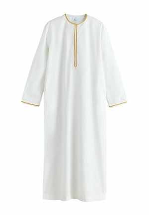 Langes weißes Kleidungsstück mit langen Ärmeln, rundem Ausschnitt und einem Reißverschluss in der Mitte. Akzente mit einem dünnen goldenen Rand am Ausschnitt und an den Ärmelkanten.