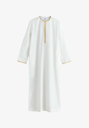 Langes weißes Kleidungsstück mit langen Ärmeln, rundem Ausschnitt und einem Reißverschluss in der Mitte. Akzente mit einem dünnen goldenen Rand am Ausschnitt und an den Ärmelkanten.