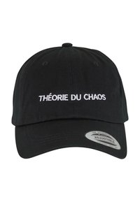 Casquette de baseball noire ajustable en coton, avec le texte brodé en blanc "THÉORIE DU CHAOS" à l'avant, dotée d'un visière courbée.