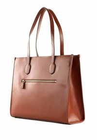 Hnědá kožená taška přes rameno s dvěma dlouhými uchy, přední kapsou na zip, hladkým povrchem a strukturovaným siluetem.