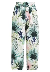 Lekkie, drukowane spodnie z wzorem liści tropikalnych w odcieniach zieleni, niebieskiego i różowego. Elastyczny pasek w talii z wiązanym paskiem. Szerokie nogawki.