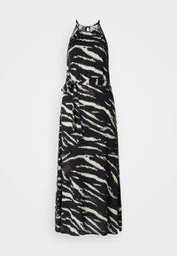 Czarna i biała, w paski, długa sukienka z lekkiego materiału, z dekoltem na plecach, wiązanym w pasie i zwiewnym dołem o luźnym kroju.