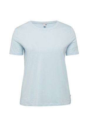 Hellblaues T-Shirt mit kurzen Ärmeln und Rundhalsausschnitt, locker geschnitten, vor weißem Hintergrund präsentiert.