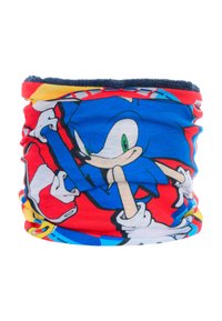 Wielokolorowy kominiarka wykonana z bawełny, z grafiką niebieskiego jeża z zielonymi oczami, na tle w czerwono-niebieski wzór.