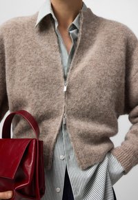 Beige wollen cardigan met een zachte textuur, met ritssluiting, gelaagd over een lichtblauw en wit gestreept shirt. Rood leren handtas ernaast geplaatst.