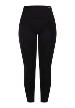 Leggings noirs avec une taille haute, dotés d'une poche latérale, fabriqués dans un tissu lisse et extensible. Le design est ajusté et épuré.