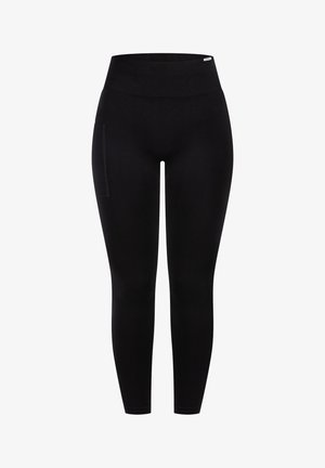 Leggings noirs avec une taille haute, dotés d'une poche latérale, fabriqués dans un tissu lisse et extensible. Le design est ajusté et épuré.