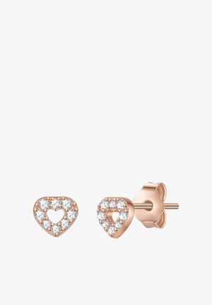 Rose gold stud earrings shaped as hearts with small clear gemstones encircling a hollow heart center, featuring butterfly clasps.