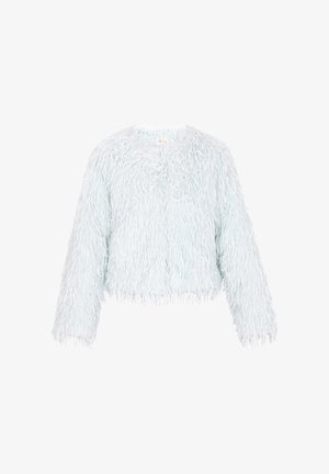 Hellblau gestreifte kurze Jacke mit langen Ärmeln und flauschigem, strukturiertem Kunstfellstoff, ohne sichtbare Verschlüsse.