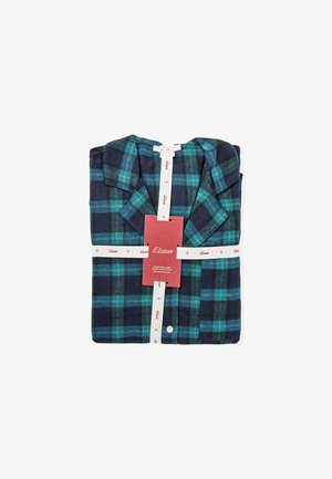 Camicia a quadri blu scuro e verde petrolio, realizzata in tessuto morbido. Presenta un colletto, chiusura con bottoni e include un'etichetta con il nome del marchio e la taglia.