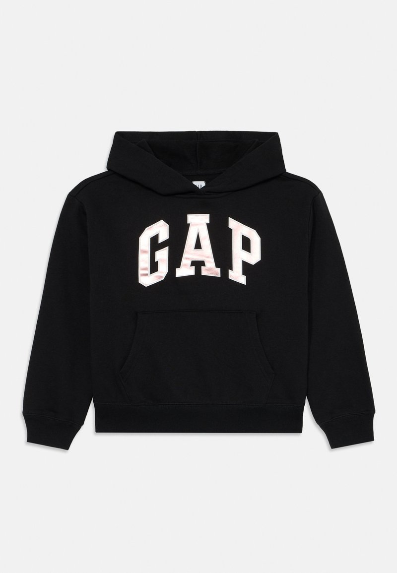 Sweatshirt noir à capuche en coton avec une poche avant. Présente le logo "GAP" en blanc avec un motif subtil. Poignets et ourlet côtelés.
