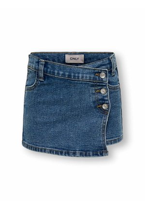 Mini-jupe en denim bleu avec rabat asymétrique à l'avant et trois boutons argentés sur le côté droit, étiquetée "ONLY" à l'intérieur de la ceinture.