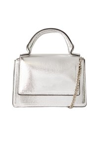 Borsa a tracolla metallica argentata con design strutturato, manico superiore e tracolla rimovibile. Texture liscia con dettagli di cucitura a contrasto.
