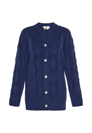 Marineblauer Strickcardigan mit einem Rautenmuster, strukturierten Bobbels, V-Ausschnitt und sechs runden silbernen Knöpfen auf der Vorderseite.