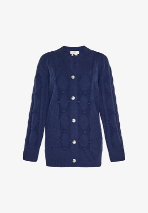 Cardigan en tricot bleu marine avec un motif en losanges, des boules texturées, un col en V et six boutons ronds en argent sur le devant.