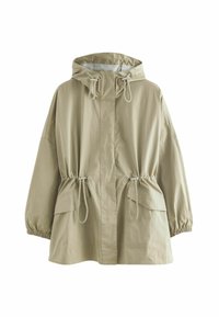Jachetă cu glugă de culoare bej deschis, cu manșete elastice, talie strânsă și două buzunare frontale. Fabricată dintr-un material ușor, cu o textură netedă.