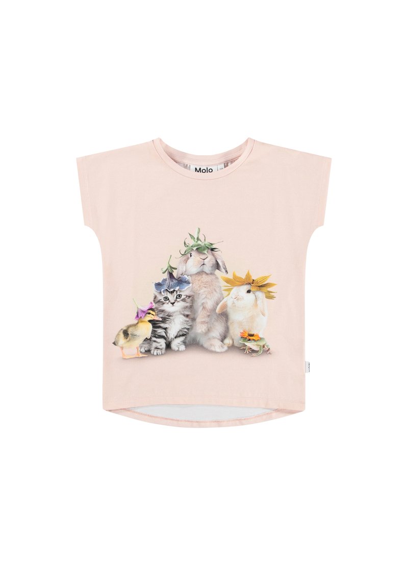 Svetlo roza majica s kratkimi rokavi, na kateri je spredaj natisnjen račji mladiček, mucek, zajec in žaba, ki nosijo pisane cvetlične klobuke.