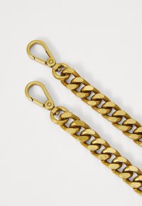 Gold metal chain featuring large interlocking links and clip hardware at each end, designed for durability and functional use.