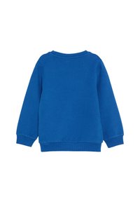 Niebieska bawełniana bluza z długim rękawem, ściągaczami i okrągłym dekoltem. Widok z tyłu ukazuje gładką teksturę i jednolity kolor.