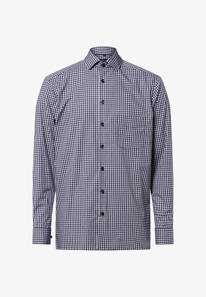 Chemise à manches longues en motif carreaux bleu marine et blanc, avec un col à rabat et une poche avant. Fabriquée en tissu tissé avec des coutures visibles.