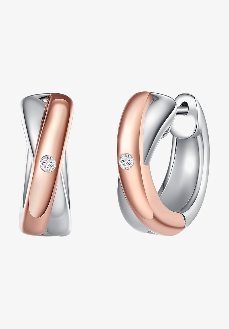 Obročki iz srebra in rožnatega zlatja so zasnovani s prepletenimi trakovi, na rožnati zlati površini pa je majhen diamantni detajl. Gladka površina.