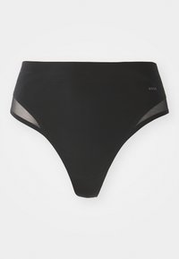 Zwarte bikinibroek met een hoge uitsnijding. Bevat doorschijnende meshpanelen aan de zijkanten en een subtiele reliëflogo. Soepele textuur.