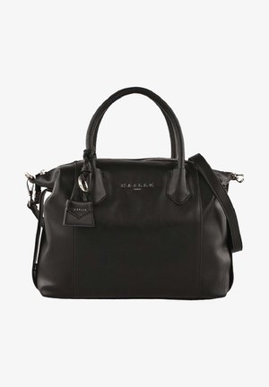 Sort lædertaske med to håndtag, en aftagelig skulderrem, lynlåslukning og en lille fastgjort mærkat med metalbeslag.