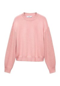 Pull en tricot rose clair à col rond avec manches longues et poignets et ourlet côtelés, simple et de couleur unie.