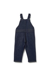 Donkerblauwe denim kinder overal met verstelbare schouderbanden en rechte pijpen, plat gelegd op een witte achtergrond.