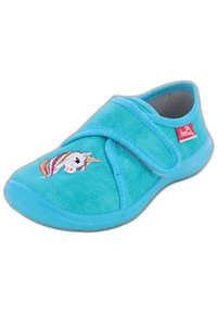Turquoise stoffen schoen met klittenbandsluiting, voorzien van een geborduurde eenhoorn ontwerp met een regenboog manen en een zachte, flexibele zool.