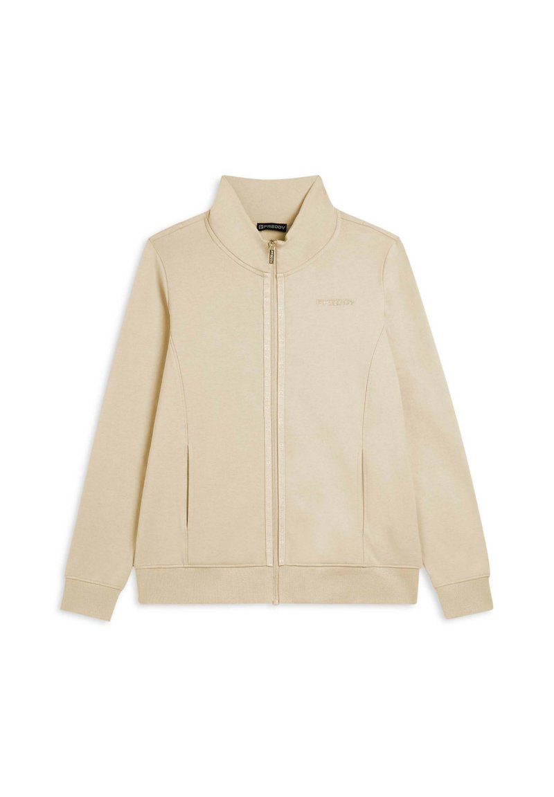 Felpa beige con zip, colletto alto, tasche laterali e polsini a costine. Dettaglio del logo discreto sulla parte anteriore. Texture morbida e liscia.