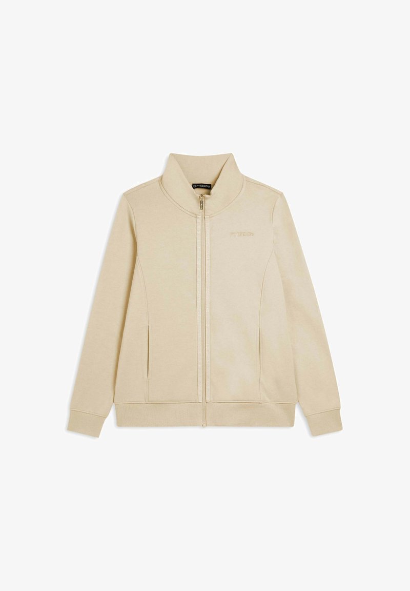 Felpa beige con zip, colletto alto, tasche laterali e polsini a costine. Dettaglio del logo discreto sulla parte anteriore. Texture morbida e liscia.