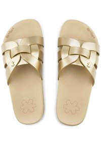 Gold slide sandals with a woven strap design. Smooth texture and flat sole featuring a flower pattern on the footbed.