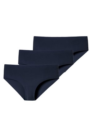 Three pairs of navy blue cotton stretch bikinis with a mid-rise design and smooth texture, featuring a seamless waistband.
