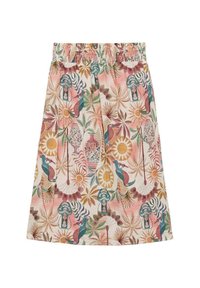 Jupe longueur genou à motifs floraux avec une taille élastique. Présente un motif coloré de plantes, d'animaux et de vases décoratifs sur un fond clair.