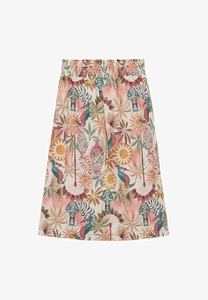 Bloemige knie-lange rok met een elastische tailleband. Heeft een kleurrijk patroon van planten, dieren en decoratieve vazen op een lichte achtergrond.