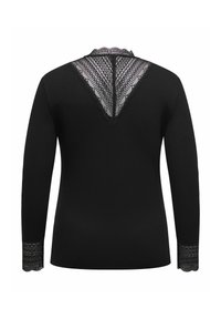 Black long-sleeve top featuring a lace V-neck back and lace-accented cuffs. Smooth texture, fitted shape with intricate lace detailing.