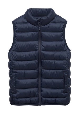 Veste sans manches matelassée bleu marine avec col montant et fermeture éclair devant, dotée de surpiqûres horizontales et de poches latérales.