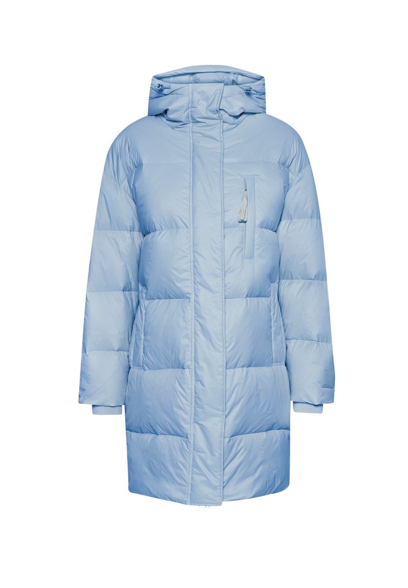 Helles blauer Pufferjacke mit hohem Kragen, Reißverschlussvorn Tasche und elastischen Bündchen. Verfügt über ein gestepptes Design und einen dezenten Glanz.