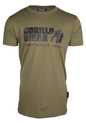 Olijfgroene katoenen t-shirt met een ronde halslijn en korte mouwen. Bevat een zwart grafisch print van een gorilla en de tekst "GORILLA WEAR UNITED STATES OF AMERICA."