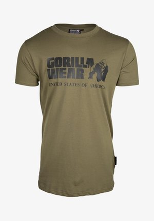 Olijfgroene katoenen t-shirt met een ronde halslijn en korte mouwen. Bevat een zwart grafisch print van een gorilla en de tekst "GORILLA WEAR UNITED STATES OF AMERICA."