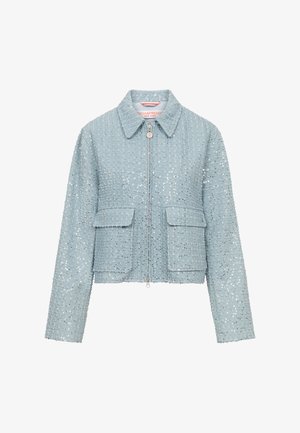Lichtblauwe gestructureerde jas met zilveren pailletten, voorrits, twee klepzakken en een puntige kraag.