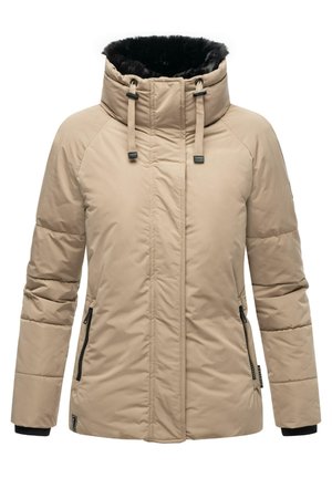 Giacca imbottita beige con colletto alto e rifiniture in pelliccia sintetica. Caratterizzata da tasche laterali con zip, polsini elasticizzati e materiale esterno liscio.
