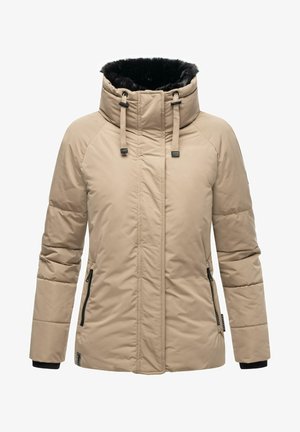 Beige, padded jacket with a high collar and faux fur trim. Features zippered side pockets, elastic cuffs, and a smooth outer material.
